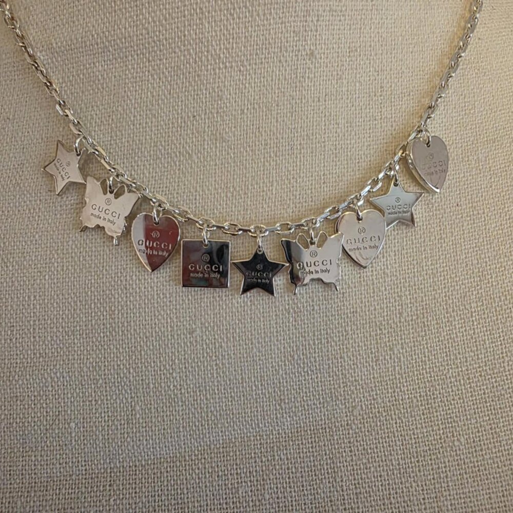 Gucci 925 Silver Stars Butterfly Hearts Charm Necklace w/ Pouch and Box